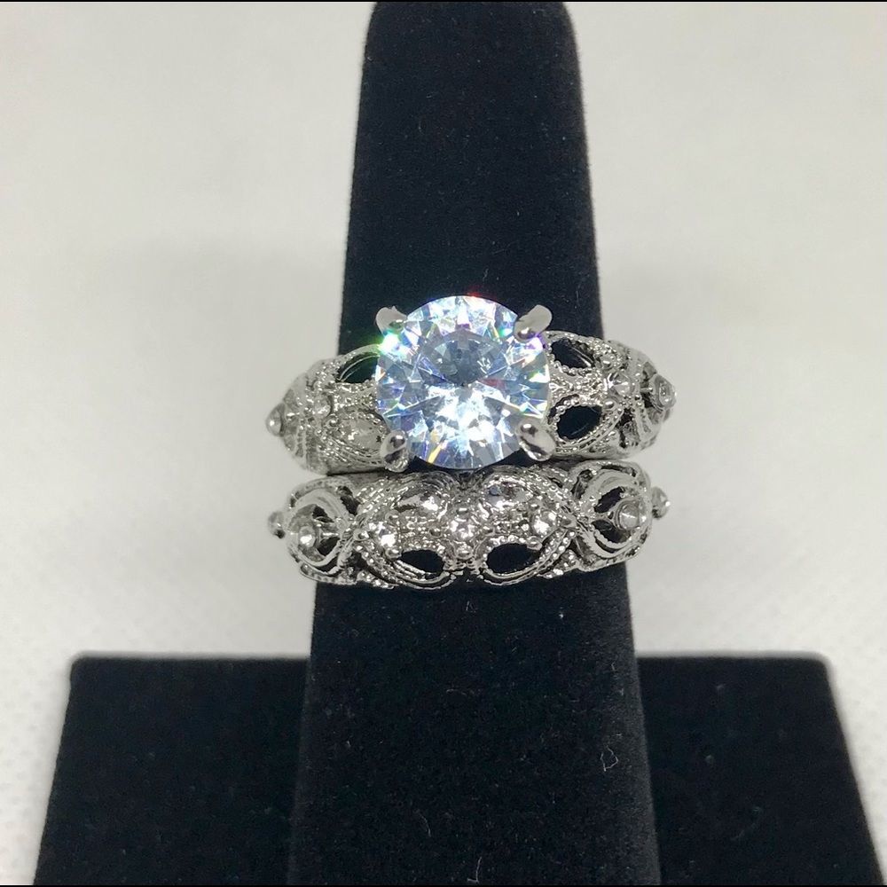 CZ Ring Set in Pink Velvet Box Size 7